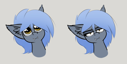 Size: 2480x1262 | Tagged: safe, artist:duop-qoub, edit, imported from derpibooru, oc, oc:panne, bat pony, pony, bedroom eyes, bust, cute, cute little fangs, ear fluff, fangs, female, gray background, large ears, looking at you, simple background, solo, upscaled, waifu2x