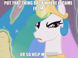 Size: 457x342 | Tagged: safe, edit, edited screencap, imported from derpibooru, screencap, princess celestia, alicorn, pony, the crystal empire, angry, caption, celestia is not amused, feather, female, frown, glowing horn, horn, image macro, jewelry, looking at you, looking back, magic, monsters inc., open mouth, reference, solo, telekinesis, text, tiara, unamused