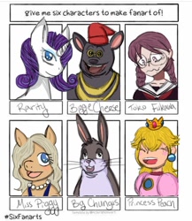 Size: 990x1138 | Tagged: safe, artist:galacticaries, imported from derpibooru, rarity, anthro, human, pig, pony, rabbit, unicorn, six fanarts, :d, animal, anthro with ponies, big chungus, bugs bunny, bust, clothes, crossover, crown, danganronpa, female, hair over one eye, hat, jewelry, mare, miss piggy, necklace, pearl necklace, princess peach, regalia, smiling, super mario bros., toko fukawa