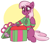 Size: 2225x1969 | Tagged: safe, artist:graphene, imported from derpibooru, cheerilee, earth pony, pony, apple, cheeribetes, christmas, christmas sweater, clothes, cute, female, food, giant apple, happy, holiday, mare, present, solo, sweater