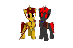 Size: 1800x1200 | Tagged: artist needed, safe, imported from derpibooru, oc, oc only, pony, unicorn, derpibooru community collaboration, 2021 community collab, duo, glowing eyes, male, simple background, stallion, sword, transparent background, weapon