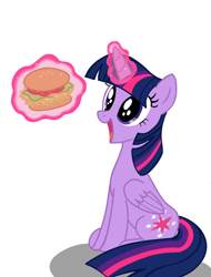 Size: 800x1050 | Tagged: safe, artist:buttonmash, imported from derpibooru, twilight sparkle, alicorn, pony, unicorn, burger, cute, eyes on the prize, female, food, hay burger, imminent nom, levitation, magic, open mouth, simple background, sitting, smiling, solo, telekinesis, that pony sure does love burgers, twilight burgkle, twilight sparkle (alicorn), white background