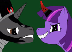 Size: 2338x1700 | Tagged: safe, artist:ilovefireanddragons, imported from derpibooru, king sombra, twilight sparkle, pony, umbrum, unicorn, 1000 hours in ms paint, alternate universe, armor, bevor, chestplate, colored horn, criniere, croupiere, crown, cuirass, curved horn, dark magic, duo, evil twilight, fauld, gorget, green background, helmet, horn, jewelry, king sideburns, magic, peytral, plackart, regalia, simple background, sombra horn, tiara, unicorn twilight