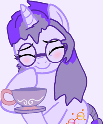 Size: 971x1174 | Tagged: safe, artist:mellow91, imported from derpibooru, oc, oc only, oc:glass sight, pony, unicorn, 1000 hours in ms paint, blushing, cup, cute, eyes closed, food, giggling, glasses, ocbetes, simple background, smiling, solo, tea, teacup