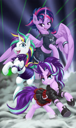 Size: 2286x3840 | Tagged: safe, artist:dstears, imported from derpibooru, rarity, starlight glimmer, twilight sparkle, alicorn, pony, unicorn, alternate hairstyle, bracelet, chest fluff, clothes, cutie mark, cutie mark on clothes, ear fluff, ear piercing, earring, edgelight glimmer, eyebrow piercing, eyeshadow, gameloft, gameloft interpretation, high res, hoof shoes, jacket, jewelry, laser, light, makeup, neckerchief, piercing, punk, punklight sparkle, raripunk, skirt, tongue out, tongue piercing, trio, twilight sparkle (alicorn)