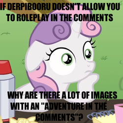 Size: 500x500 | Tagged: safe, edit, edited screencap, imported from derpibooru, screencap, sweetie belle, unicorn, derpibooru, ponyville confidential, caption, cropped, exploitable meme, floppy ears, hoof on chin, image macro, impact font, meme, meta, obligatory pony, sudden clarity sweetie belle, text