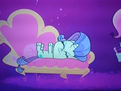 Size: 4160x3120 | Tagged: safe, imported from derpibooru, screencap, pinkie pie, rarity, pony, bad thing no. 3, my little pony: pony life, spoiler:pony life s01e05, dramatic, fainting couch, g4.5, marshmelodrama, photo, picture of a screen, rarity being rarity, solo, solo focus