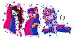 Size: 1062x547 | Tagged: safe, artist:kb-gamerartist, imported from derpibooru, oc, oc only, oc:jade harmony, oc:jade the pegasus, oc:krissy, oc:lilac, earth pony, pegasus, pony, unicorn, bisexual pride flag, cute, ear piercing, earring, eyes closed, female, flag, glasses, heart, jewelry, mare, necklace, piercing, pride, pride flag, simple background, transparent background