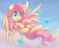 Size: 1600x1315 | Tagged: safe, artist:musicfirewind, artist:wavecipher, imported from derpibooru, fluttershy, butterfly, pegasus, pony, cloud, cute, female, flying, heart, heart eyes, leaning back, mare, shyabetes, sky, solo, wingding eyes