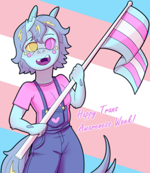 Size: 1230x1417 | Tagged: safe, artist:beth, artist:ninji, artist:php141, imported from derpibooru, oc, oc:stargrazer, anthro, changeling, anthro oc, changeling oc, clothes, heterochromia, overalls, pride, pride flag, transgender, transgender pride flag