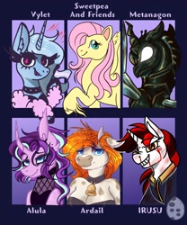 Size: 1707x2048 | Tagged: safe, artist:banoodle, imported from derpibooru, fluttershy, queen chrysalis, starlight glimmer, trixie, oc, oc:blackjack, oc:upsetti spaghetti, anthro, changeling, changeling queen, cow, pony, unicorn, fallout equestria, fallout equestria: project horizons, clothes, fanfic art, female, meta, pride flag, style emulation, trans female, trans trixie, transgender, twitter, twitter link