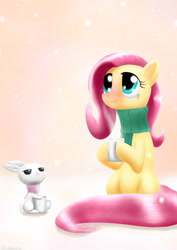 Size: 1200x1697 | Tagged: safe, artist:rautakoura, imported from derpibooru, angel bunny, fluttershy, pony, chocolate, clothes, cute, female, food, hot chocolate, looking up, mare, mug, scarf, shyabetes, sitting, snow, snowfall, winter