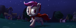 Size: 960x360 | Tagged: safe, artist:rautakoura, imported from derpibooru, scootaloo, pegasus, pony, cape, clothes, cmc cape, female, filly, my little investigations, night, night sky, ponyville, sky, trotting