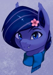 Size: 1791x2547 | Tagged: safe, artist:mrscroup, imported from derpibooru, oc, oc only, oc:freudensonne, bat pony, pony, bust, clothes, fangs, flower, flower in hair, scarf, solo