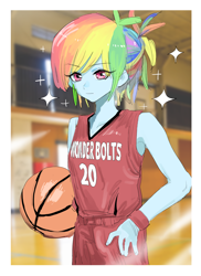 Size: 1022x1401 | Tagged: safe, artist:ceitama, imported from derpibooru, imported from ponybooru, rainbow dash, equestria girls, basketball, breasts, cute, dashabetes, delicious flat chest, rainbow flat, solo, sports