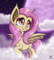 Size: 1000x1100 | Tagged: safe, artist:mcpearly, imported from derpibooru, fluttershy, bat pony, pony, bat ponified, bat wings, cloud, fangs, female, flutterbat, full moon, head turn, mare, moon, night, one ear down, race swap, raised hoof, red eyes, sky background, solo, spread wings, standing, starry eyes, stars, three quarter view, turned head, wingding eyes, wings
