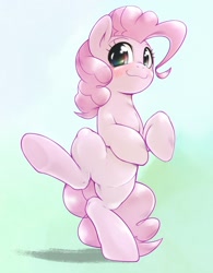 Size: 1298x1666 | Tagged: safe, artist:kurogewapony, imported from derpibooru, pinkie pie, earth pony, pony, bipedal, blushing, cute, diapinkes, female, legs in air, mare, raised leg, smiling, solo, standing, standing on one leg, underhoof