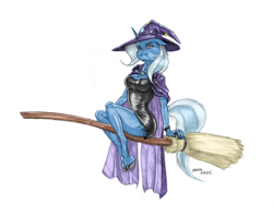Size: 1400x1052 | Tagged: safe, artist:baron engel, color edit, edit, imported from derpibooru, trixie, anthro, unguligrade anthro, unicorn, broom, cape, clothes, colored, colored hooves, female, flying, flying broomstick, halloween, hat, holiday, pencil drawing, simple background, solo, traditional art, transparent background, trixie's cape, trixie's hat, witch