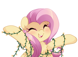 Size: 1353x1000 | Tagged: safe, artist:loyaldis, imported from derpibooru, fluttershy, pegasus, pony, blushing, bust, chest fluff, christmas, christmas lights, cute, eyes closed, female, happy, holiday, hooves out, mare, open mouth, shyabetes, simple background, smiling, solo, three quarter view, transparent background, wings