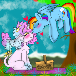 Size: 2048x2048 | Tagged: safe, artist:artmama113, imported from derpibooru, rainbow dash, oc, pegasus, pony, unicorn, basket, blushing, canon x oc, duo, eyes closed, female, flying, heart, horn, jewelry, mare, outdoors, picnic basket, picnic blanket, ring, tail, tail ring, tree, unicorn oc