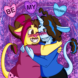 Size: 2048x2048 | Tagged: safe, artist:artmama113, imported from derpibooru, oc, oc only, anthro, unicorn, abstract background, blushing, clothes, game grumps, gay, grin, heart, horn, hug, male, oc x oc, one eye closed, shipping, smiling, unicorn oc, wink