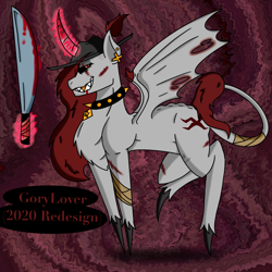 Size: 2048x2048 | Tagged: safe, artist:artmama113, imported from derpibooru, oc, oc only, oc:yaoilover, alicorn, bat pony, bat pony alicorn, pony, bat pony oc, bat wings, choker, curved horn, ear piercing, female, glowing horn, hat, horn, magic, mare, piercing, sharp teeth, solo, spiked choker, sword, teeth, telekinesis, unshorn fetlocks, weapon, wings