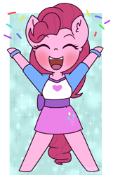 Size: 908x1407 | Tagged: safe, artist:puetsua, imported from derpibooru, imported from ponybooru, pinkie pie, anthro, pony, unguligrade anthro, equestria girls, blushing, chibi, clothes, confetti, cute, diapinkes, ear fluff, equestria girls outfit, equestria girls ponified, eyes closed, female, happy, open mouth, ponified, smiling, solo