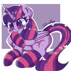 Size: 1920x1909 | Tagged: safe, artist:galaxynightt, imported from derpibooru, twilight sparkle, alicorn, pony, abstract background, blushing, clothes, colored pupils, cute, lying down, mouth hold, prone, socks, solo, striped socks, twiabetes, twilight sparkle (alicorn)
