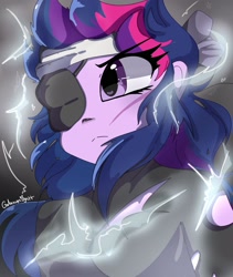 Size: 1623x1920 | Tagged: safe, artist:galaxynightt, imported from derpibooru, twilight sparkle, equestria girls, it's about time, bandana, bust, clothes, equestria girls interpretation, eyepatch, female, future twilight, headband, magic, messy hair, scar, scene interpretation, skinsuit, solo, torn clothes