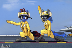 Size: 2500x1680 | Tagged: safe, artist:lunebat, imported from derpibooru, oc, oc only, oc:plamya nochi, oc:speed chaser, earth pony, pony, semi-anthro, unicorn, aircraft carrier, arm hooves, clothes, dassault rafale, duo, female, french flag, goggles, male, mare, military, rafale m, sign language, stallion