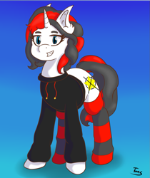 Size: 841x1000 | Tagged: safe, artist:shypuppy, imported from derpibooru, oc, oc only, oc:starforce fireline, pony, unicorn, clothes, female, hoodie, mare, simple background, socks, solo, striped socks
