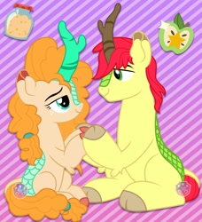 Size: 1280x1404 | Tagged: safe, artist:lovinglypromise, imported from derpibooru, bright mac, pear butter, kirin, brightbutter, female, holding hooves, kirin-ified, looking at each other, male, shipping, species swap, straight