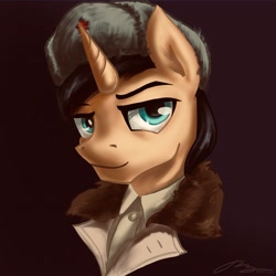 Size: 2527x2527 | Tagged: safe, artist:musical ray, imported from derpibooru, oc, oc only, pony, unicorn, bust, clothes, hat, high res, horn, jacket, looking at you, male, portrait, signature, smiling, smirk, solo, soviet union, stallion, world war ii