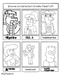 Size: 569x679 | Tagged: safe, artist:alpha-power, imported from derpibooru, spike, anthro, bear, dragon, human, six fanarts, bart simpson, bust, care bears, clothes, crappy art, crossover, female, grin, lincoln loud, lineart, male, monochrome, smiling, steven quartz universe, steven universe, tenderheart bear, the letter people (original), the loud house, the simpsons, waving