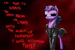 Size: 1280x854 | Tagged: safe, artist:d-lowell, imported from derpibooru, twilight sparkle, alicorn, pony, testing testing 1-2-3, albert wesker, clothes, commission, cosplay, costume, crossover, red eyes, resident evil, solo, twilight sparkle (alicorn)