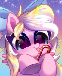 Size: 3300x4000 | Tagged: safe, artist:rrd-artist, imported from derpibooru, oc, oc only, oc:bay breeze, pegasus, pony, big eyes, bow, candy, candy cane, chibi, commission, cute, female, food, hair bow, heart eyes, mare, ocbetes, tongue out, underhoof, weapons-grade cute, wingding eyes, ych result