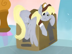Size: 2000x1500 | Tagged: safe, alternate version, artist:lowname, imported from derpibooru, derpy hooves, pegasus, pony, cardboard box, clothes, female, hat, mare, outdoors, signature, solo, tree