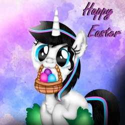 Size: 1080x1080 | Tagged: safe, artist:rxndxm.artist, imported from derpibooru, oc, oc only, oc:shooting star, pony, unicorn, abstract background, eyelashes, female, happy easter, horn, mare, mouth hold, slowpoke, smiling, solo, to saddlebags and back again, unicorn oc