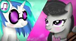 Size: 1080x589 | Tagged: safe, alternate version, artist:rxndxm.artist, imported from derpibooru, dj pon-3, octavia melody, vinyl scratch, earth pony, pony, unicorn, slice of life (episode), blushing, bowtie, bust, colored, duo, female, headphones, mare, smiling, sunglasses