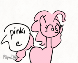 Size: 894x720 | Tagged: artist needed, source needed, safe, artist:fishimira, imported from derpibooru, pinkie pie, pony, animated, blinking, frame by frame, monochrome, offscreen character, solo, speech bubble, turnaround