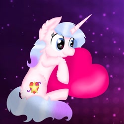 Size: 1080x1080 | Tagged: safe, artist:rxndxm.artist, imported from derpibooru, oc, oc only, pony, unicorn, abstract background, ear fluff, eyelashes, heart, heart eyes, heart pillow, horn, hug, pillow, pillow hug, solo, unicorn oc, wingding eyes