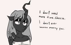 Size: 1128x720 | Tagged: dead source, safe, artist:andressuperhell, artist:smol_andriusha, imported from derpibooru, queen chrysalis, anthro, changeling, changeling queen, bust, clothes, female, grayscale, lidded eyes, monochrome, solo, talking