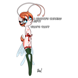 Size: 1900x1900 | Tagged: safe, alternate version, artist:plaguemare, imported from derpibooru, oc, oc only, oc:chip breeze, breezie, antennae, big eyes, body markings, bondage, bow, breezie oc, christmas, clothes, dialogue, garter belt, garters, gift wrapped, hearth's warming eve, holiday, offscreen character, ribbon, short hair, short mane, short tail, simple background, socks, thigh garters, thigh highs, white background, wings