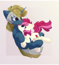 Size: 1348x1480 | Tagged: safe, artist:little-sketches, artist:php146, imported from derpibooru, roseluck, oc, oc only, oc:wooded bastion, earth pony, pony, unicorn, abstract background, canon x oc, cuddling, looking at each other