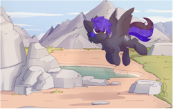 Size: 2286x1434 | Tagged: safe, artist:little-sketches, artist:php146, imported from derpibooru, oc, oc only, pegasus, pony, chest fluff, eye clipping through hair, feathered wings, male, mountain, pond, rock, solo, stallion, wings