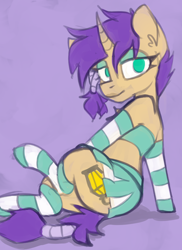 Size: 1122x1543 | Tagged: safe, artist:marsminer, imported from derpibooru, oc, oc only, oc:travelling light, pony, unicorn, bedroom eyes, clothes, crossdressing, curved horn, eyelashes, horn, looking at you, makeup, male, skirt, socks, solo, striped socks, trap, unicorn oc