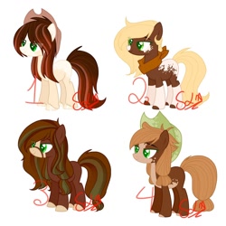 Size: 1280x1280 | Tagged: safe, artist:crazylemon67, imported from derpibooru, oc, oc only, oc:apple butter, oc:apple cider, oc:apple olive, oc:luckyforest, earth pony, pony, blaze (coat marking), blond mane, brown mane, cowboy hat, dappled, earth pony oc, female, freckles, green eyes, hat, mare, natural coat color, natural hair color, neckerchief, offspring, pale belly, pale coat, parent:applejack, parent:trouble shoes, parent:troubleshoes clyde, parents:troublejack, simple background, socks (coat marking), white background