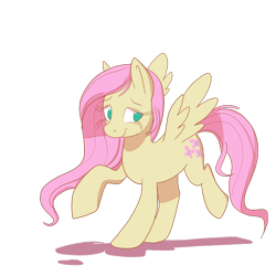 Size: 600x600 | Tagged: safe, artist:prettyproglottids, imported from derpibooru, fluttershy, pegasus, pony, female, looking at you, mare, no pupils, raised hoof, raised leg, simple background, smiling, solo, spread wings, three quarter view, transparent background, wings