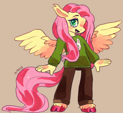 Size: 1000x923 | Tagged: safe, artist:blynxee, imported from derpibooru, fluttershy, anthro, pegasus, unguligrade anthro, clothes, cloven hooves, colored hooves, female, simple background, smiling, solo, sweater, sweatershy, tan background