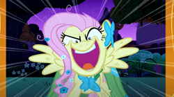 Size: 2048x1145 | Tagged: safe, edit, edited screencap, imported from derpibooru, screencap, fluttershy, pegasus, pony, the best night ever, >:d, inverted mouth, yelling, you're going to love me